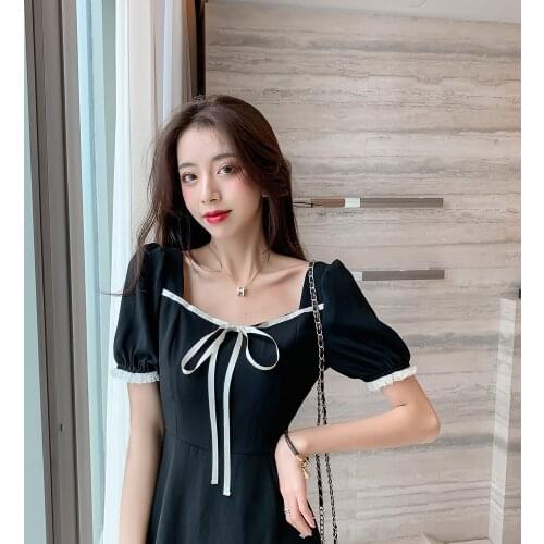 A-Line Dress Sweet Lace Bow Knot Square Neck Puff Sleeve Female Summer Little Black Dress Comfortable and Breathable d88