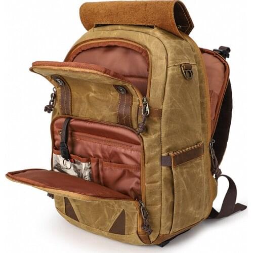 Photography Waterproof Retro Batik Canvas Leather Backpack w USB Port fit 15.4inch Laptop Men Camera Bag Travel Carry Case