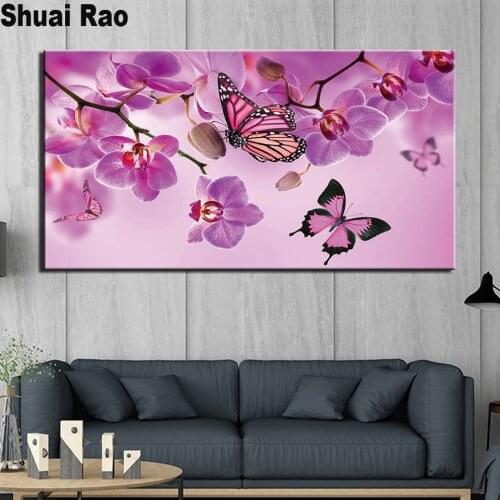 Butterfly pink orchid Needlework,DIY Landscape diamond painting Cross stitch,mosaic Set diamond Embroidery Cross-Stitch kits