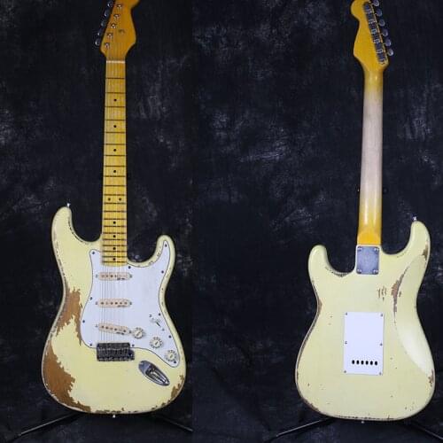 High quality handmade old cultural relic electric guitar, alder body, negative white paint, maple neck, hand carved, guitar