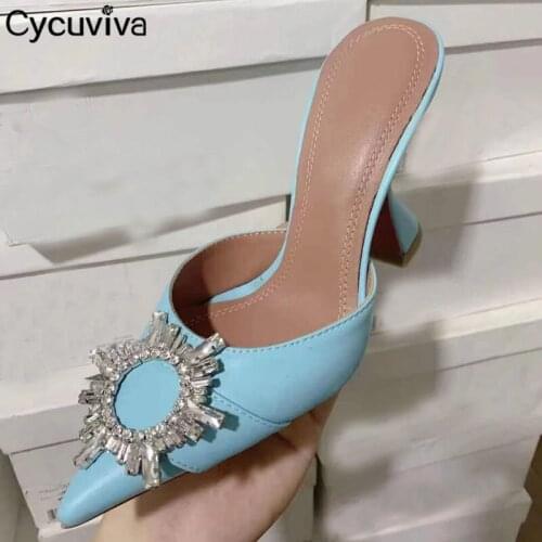 Blue Leather High Heel Slippers Women Cup heeled Party Sandals Pointy toe Summer Silk Designer Shoes for Women 2021 Sandalias