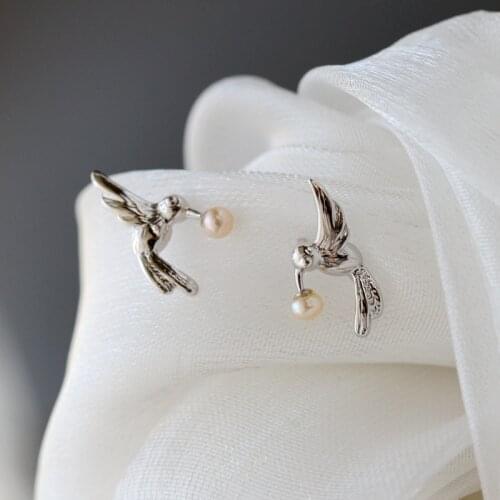 Authentic 925 Sterling Silver Little Birdie Earstuds Inlaid Natural Freshwater Pearl Earring Women Fashion Style Jewelry Gift