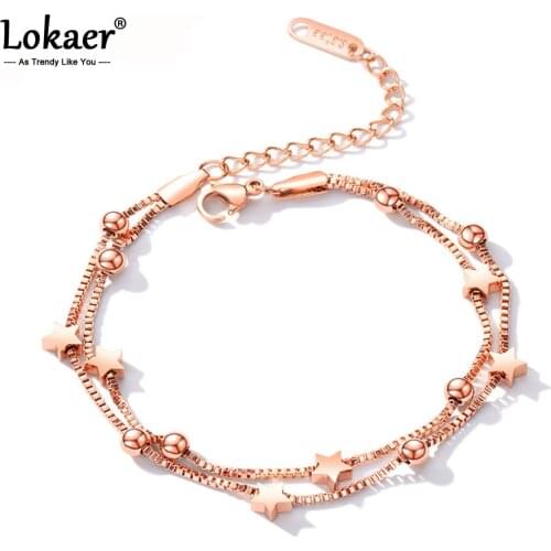 Lokaer Charm Double Layers Star Bracelet Bangle For Women Stainless Steel Extended Link Chain Bohemia Summer Jewelry Gift B17099