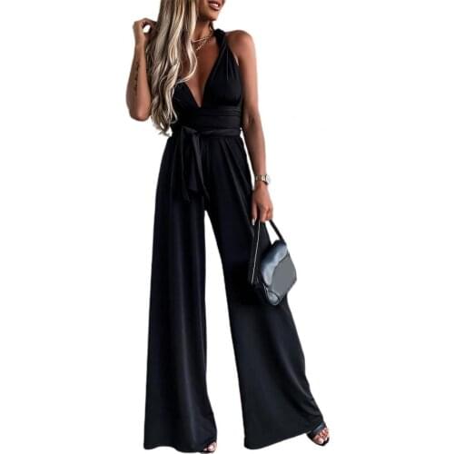 4 Colors Summer Ladies Sleeveless Solid Color Casual Romper V Neck High Waist Wide Leg Elegant Jumpsuit Wide Legs Rompers