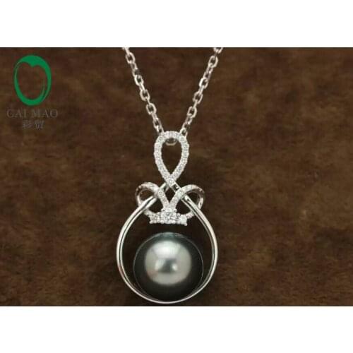 14k White Gold precious Black Pearl& 0.22ct Diamond Pendant manufacturer Free Shipping