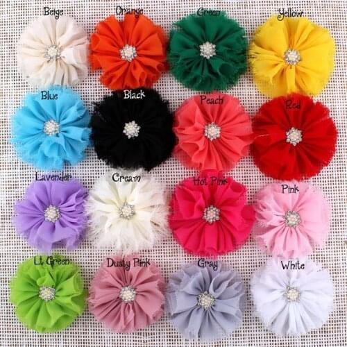 200pcs/lot 3" 16Colors Vintage Lovely Artificial Frayed Chiffon Hair fabric Flowers With Bling Rhinestone Buttons For Decoration