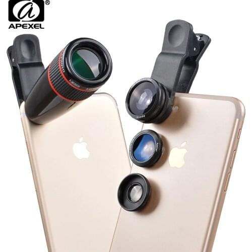4 in 1 12X Telescope Optical Zoom Lens+ Wide Angle & Macro+ Fisheye Lens Camera Lens Kit for iPhone 7 6s Plus Samsung s8