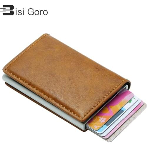 BISI GORO ID Bank Card Case Metal Protection Purse For Women Anti RFID Blocking Mens Credit Card Holder Leather Small Wallet