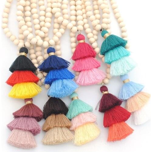Bohemia Enthic Jewelry Colorful Layered Cotton Tassel Pendants Necklaces Wood Wooden Beaded Sweater Chain Long Necklaces Womens