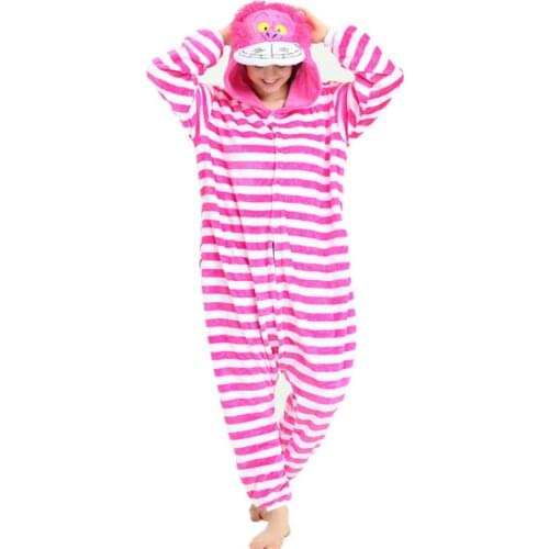 Flannel Cheshire Cat Kigurumi Onesies For Adult Funny Pink Stripe Onsie Women Girl Sleepwear Cartoon Anime Pajama Winter Outfit