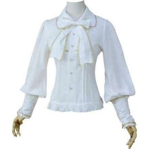 Gothic Womens Bow Office Ladies Long Lace T-shirt Tops Lolita Blouses L