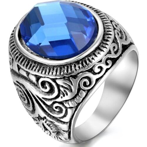 BONISKISS Vintage Rings for Men Blue Stone High Quality Antique Punk Style Stainless Steel Jewelry Mens Ring Party Jewelry