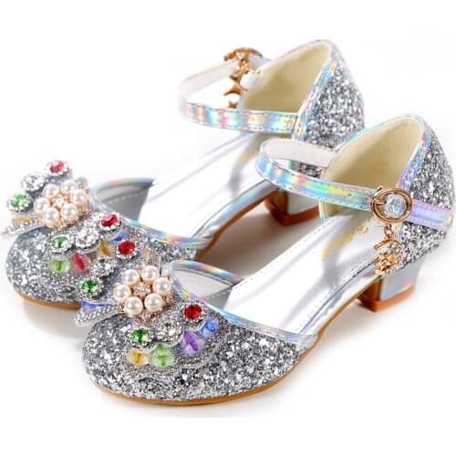Girls' Leather Shoes 2021 New Toes-capped Princess Shoes Single Shoes Soft Sole High Heels Crystal for Party Sequined Sweet Hot