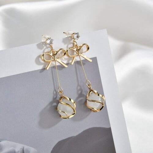 MESTILO Cute Gold Color Geometric Round Ball Bowknot Crystal Long tassels Drop Earrings For Woman Classic Fashion Jewelry Gifts