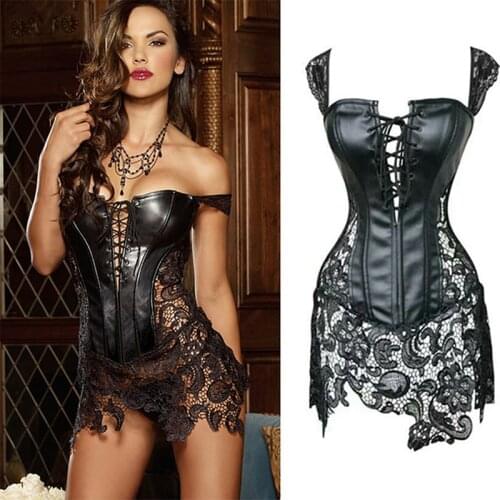 S-6XL New Fashion Sexy Women Corset With Thong Faux Leather Black Lace Shaper Bustier Plus Size S-6XL