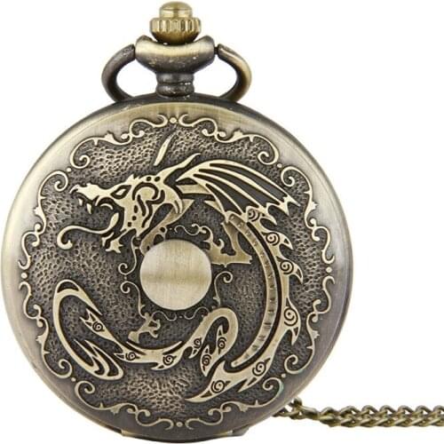 New Bronze Vintage Retro Steampunk Skeleton Designer Dragon Pocket Watch Fob Chain Clock