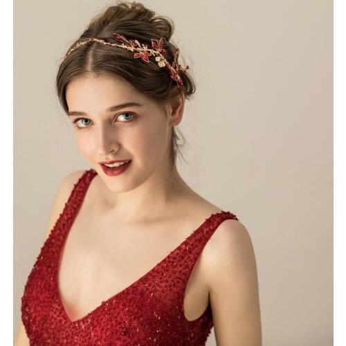 O547 Red crystal branch wedding custom pearl beaded cute girls jewel bridal shiny headband hairbands for bride
