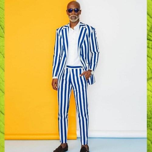 Sping Blue White Wide Polyester Striped Mens Suit Business Office Wedding Prom Party Slim Fit 2 Pieces Set Jacket With Pants