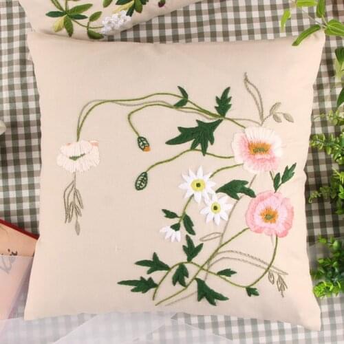 DIY pillow hand embroidery material package gray hemp cloth surface outline, small fresh flower pattern. Free embroidery