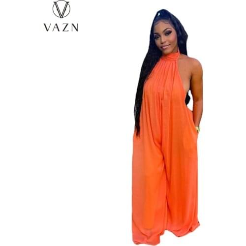 VAZN 2021 Hot Popular Chiffon Orange Loose Chic Ladies Slim Halter Sleeveless Holiday Sexy Women Wide Leg Jumpsuits