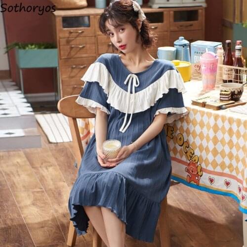 Summer Cozy Nightgowns Women Loose Bow Ruffles Kawaii Thin Plus Size M-4XL Sleepshirts Casual Printed Korean Style Simple Trendy