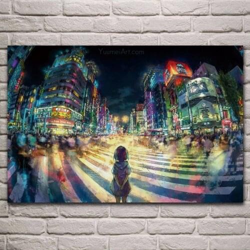 Anime girls city street artwork Yuumei fabric poster living room home wall decorative canvas silk art print KJ962