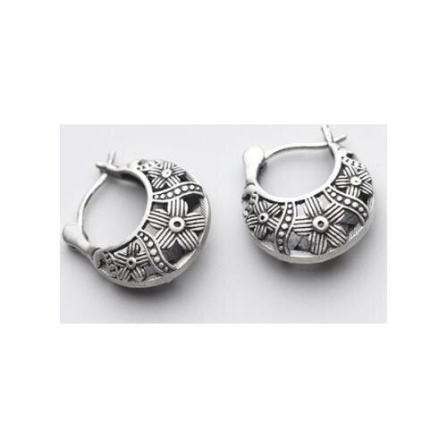 Retro National Style Real. 925 Sterling Silver Flower Pattern Lace Rounded Hoop Huggie Earrings C-E8222