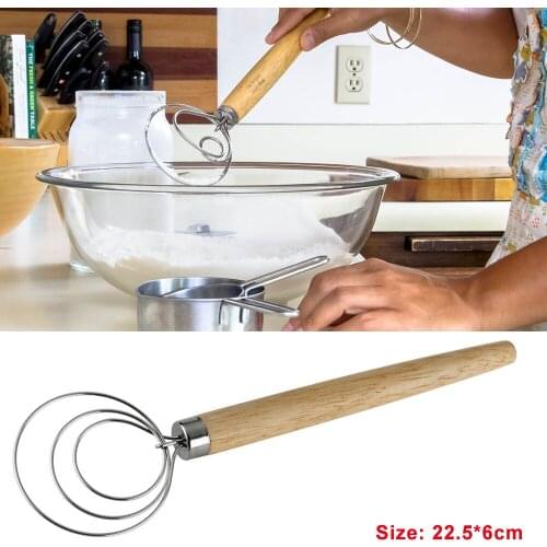 Stainless Steel Egg Beater Flour Coil Agitator Danish Whisk Stick Oak Wood Handle Blender DIY Bread Dough Bakeware Gadget