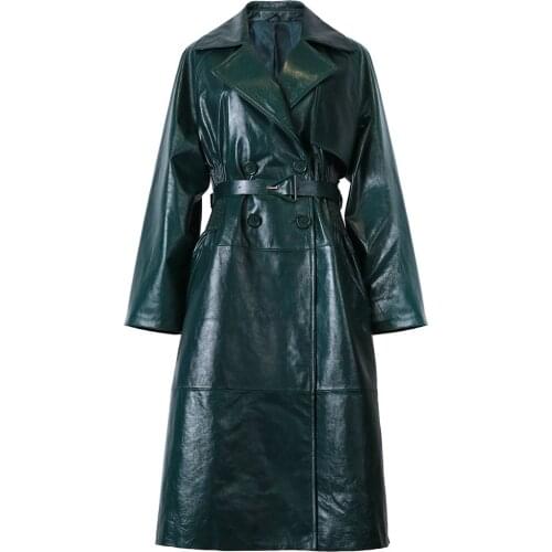 YOLOAgain Spring Women Genuine Leather Jacket Real Leather Long Trench Coat With Belt