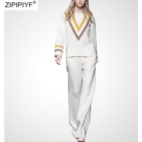 2020 Spring two piece pant set fashion o-neck long sleeve office lady striped top and full length wide leg pants suit