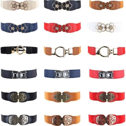 Women Lady Skinny Metal Flower Buckle Belt Faux Leather Stretchy Dress Waistband BLTLL0342