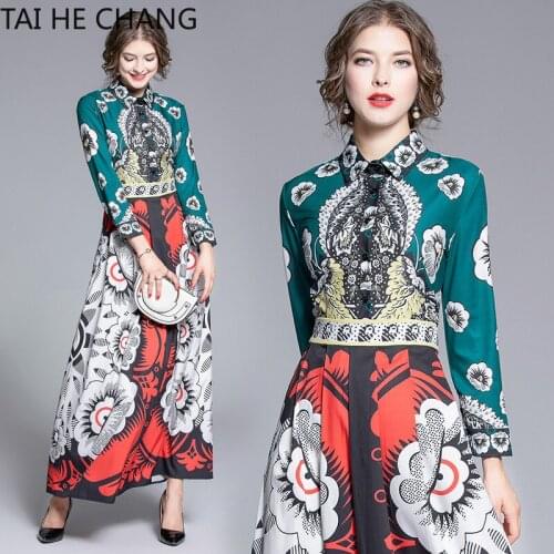2019 Women Dress New Fashion Retro Spring Summer Elegant Slim Bodycon Vintage Party Runway Print Shirt Office Work Maxi Dresses