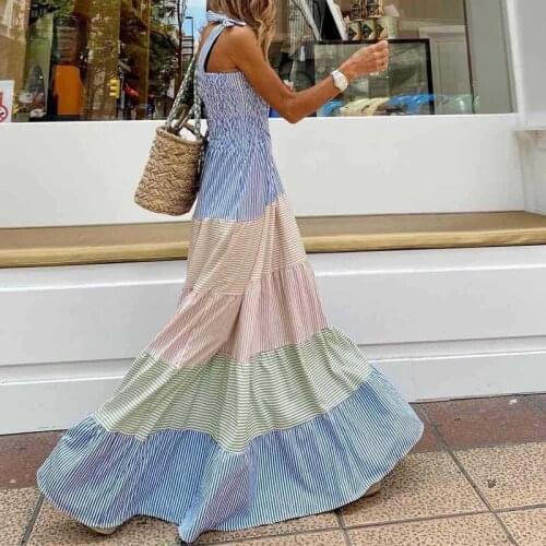 Summer Sleeveless Pleated Beach Long Dress Women Elegant Stripe Printed Party Dress Sexy Off Shoulder Bow Sling Lady Maxi Dress