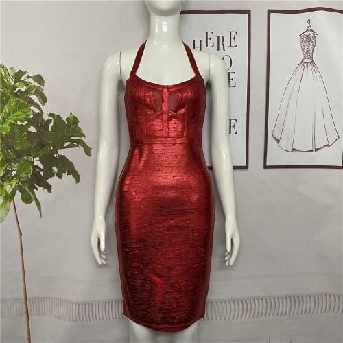 High Quality Black Halter Foiling Print Bodycon Rayon Bandage Dress Elegant Evening Party Dress