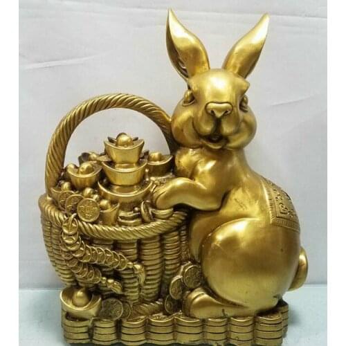 10.6" China Pure Bronze Carving Lovely Rabbit Wealth Asset Basket Statue