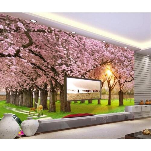 3d customized wallpaper Cherry Blossom Avenue grass fresco TV backdrop wall 3d wallpaper Home Decoration