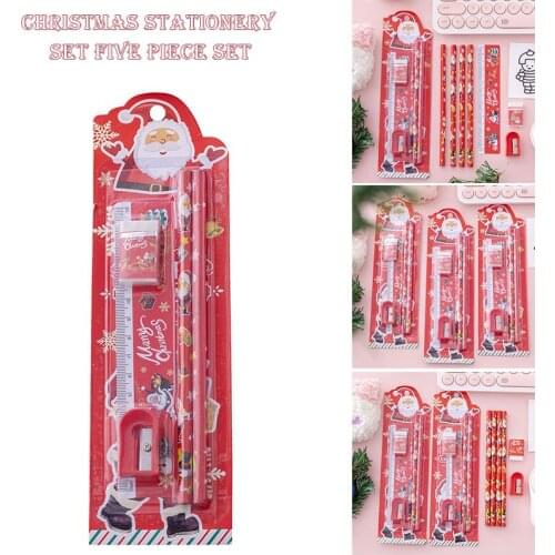5Pcs/Set Christmas Stationery Set Cartoon Pencil Ruler Eraser Pencil Sharpener Kids Kindergarten Pupil Student School DU