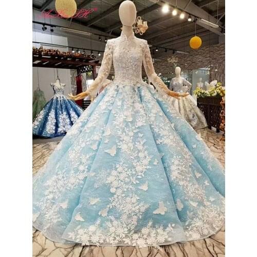 AnXin SH princess white flower blue lace beading crystal illusion high neck long sleeve green wedding dress 100% real photo
