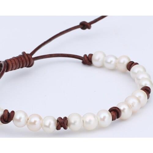 Free shipping Adjustable size women real leather handmade bracelet with natural white freshwater pearl beads hot sell trendy