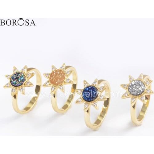 BOROSA 5PCS New Arrival Gold Plated Crystal CZ Micro Pave Star Shape 7mm Mix Colors Agates Druzy Rings Jewelry for Ladies ZG0389