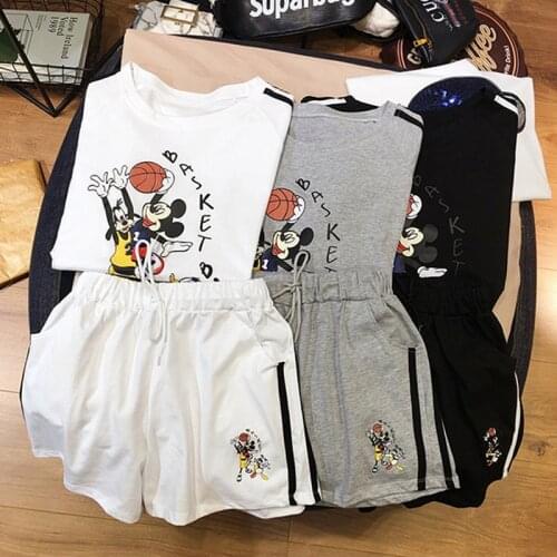 Disney Brand Summer Shorts Suits Mickey Minnie Loose Short Sleeve T-shirt Elastic Band Shorts Casual Fashion 2Pcs Women Set 2021