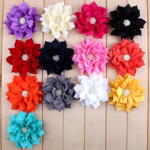 50pcs/lot) 3.6" 13Colors Handmade Fabric Lotus Flowers For Hair Accessory Artificial Wedding Decorative Flowers+Pearl Buttons