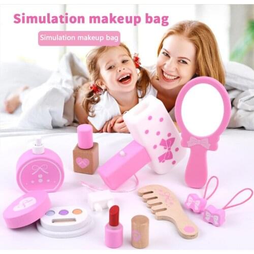 Children Wooden Simulation Girl Makeup Cosmetic Bag Play House Princess Makeup Set Toy Interest Development Wooden Toys For Kids