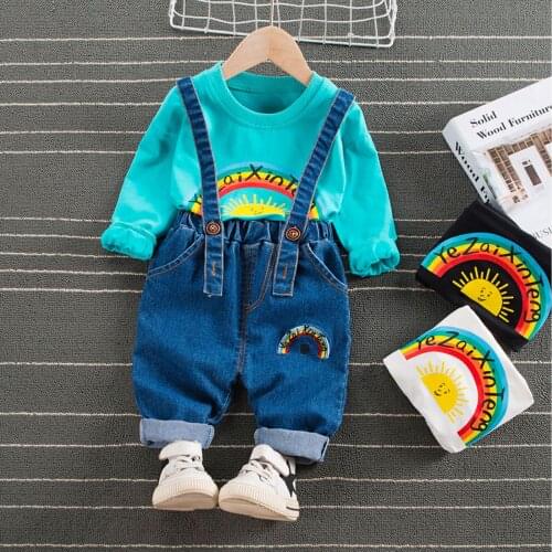 Childrens Two Piece Set, Babys Rainbow Printed Crew Neck Long Sleeve Pullover Adjustable Strap Jeans for Toddlers 1-5 Years