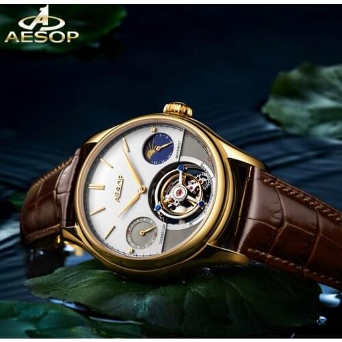 AESOP Moon Phase Multifunctional Mechanical Watch Sapphire Glass Waterproof Watch Original Real Tourbillon Movement Men Watch