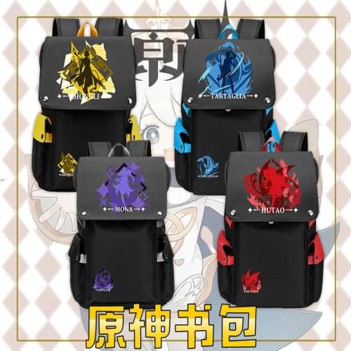 Game Genshin Impact Zhongli Hutao Ganyu Tartaglia Mona Cosplay Large Capacity USB Socket Computer Backpack Student Outdoor Bags