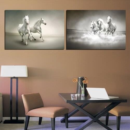 Large Galloping White Horse Wall Pictures For Living Room Office 2 Piece Gray Art Prints Paintings Canvas Home Decor No Frame