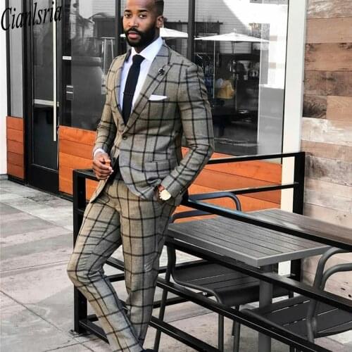 Classic Smoky Gray Check Mens Suits 2 Pieces Groom Best Man Pants Suit Business Wedding Tailored Blazer Jacket (Jacket+Pants)