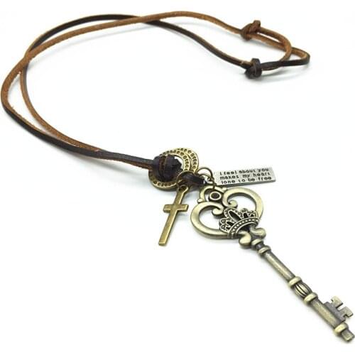 New Casual Brown Casual Genuine Leather Bronze Alloy Hoops Cross Crown Key Pendant Men Necklace Women Male Wholesale Jewelry