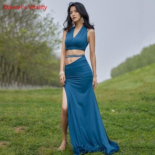Belly Dance Suit V-Nesk Top Split Skirt Temperament Practice Clothes Set Female Adult Elegant Performance Training Clothing